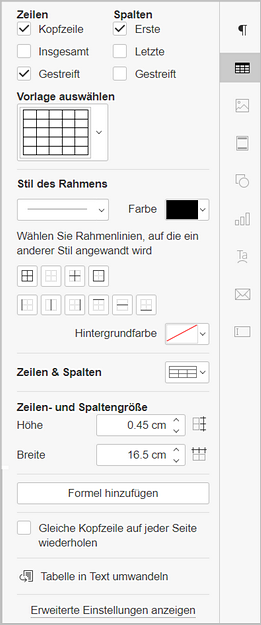 Rechte Seitenleiste - Tabelleneinstellungen
