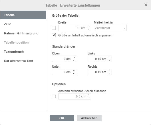 Tabelle - Erweiterte Einstellungen