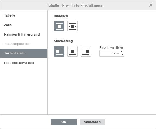 Tabelle - Erweiterte Einstellungen
