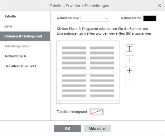 Tabelle - Erweiterte Einstellungen