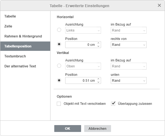 Tabelle - Erweiterte Einstellungen