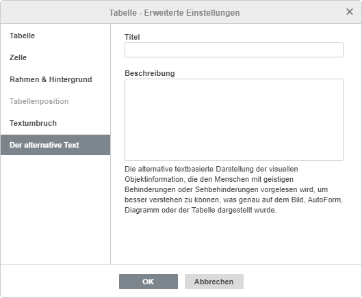 Tabelle - Erweiterte Einstellungen