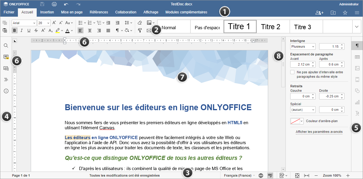 Fenêtre de l'éditeur en ligne Éditeur de Documents