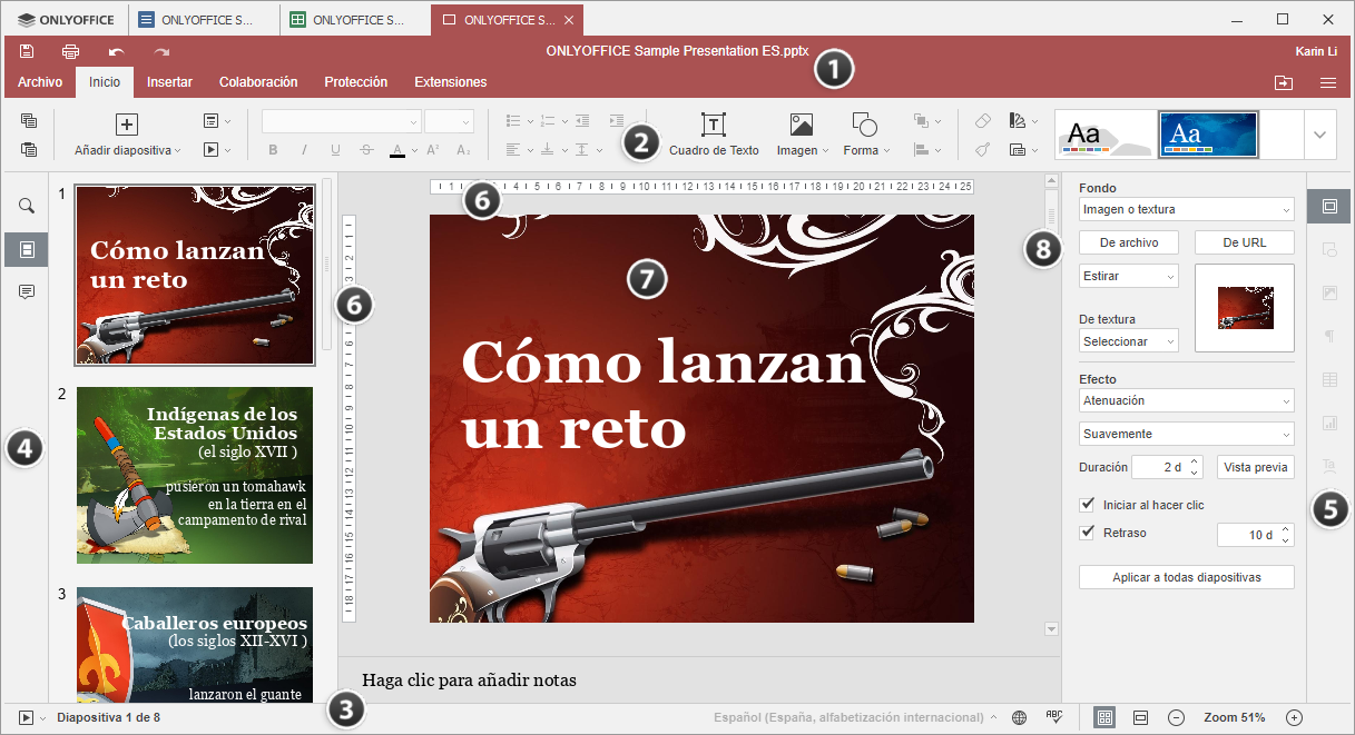 Ventana del editor de presentaciones de escritorio