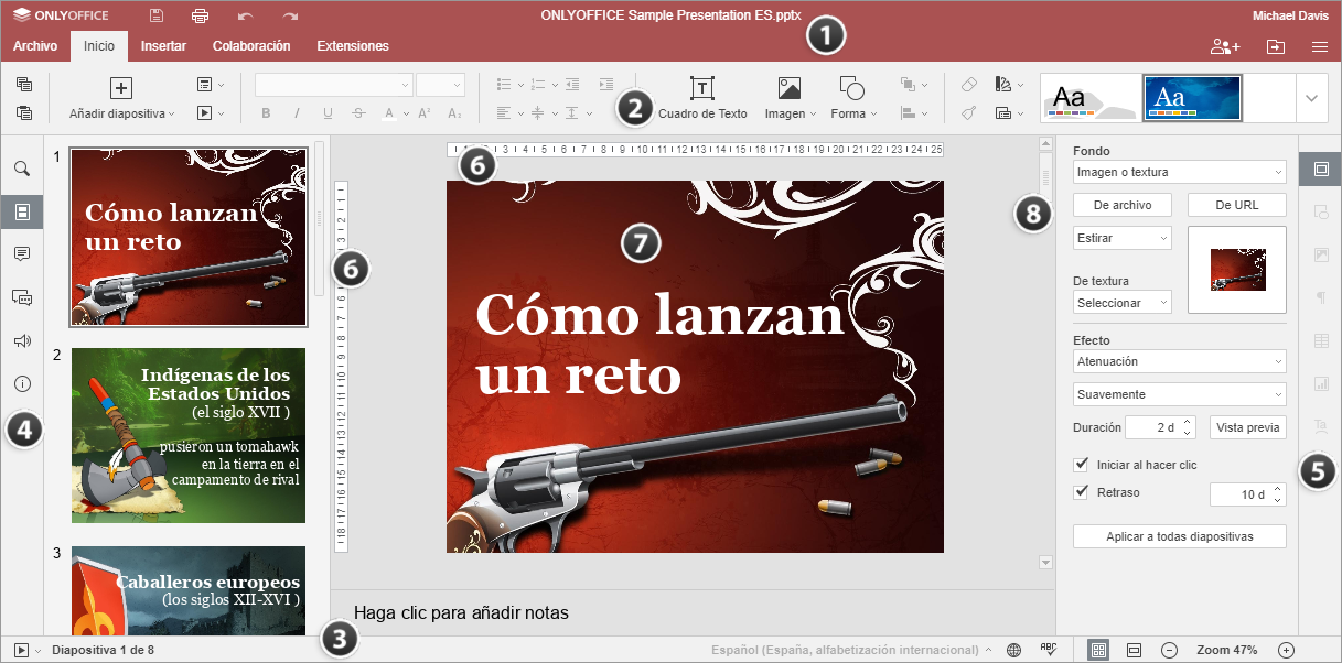 Ventana del editor de presentaciones en línea