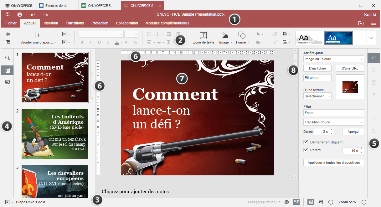 Fenêtre de l'Éditeur de Présentations de bureau