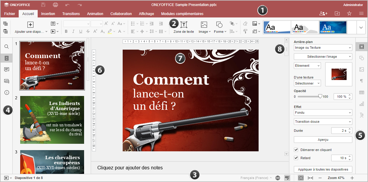 Fenêtre de l'Éditeur de Présentations en ligne