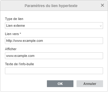 Fenêtre Paramètres de lien hypertexte