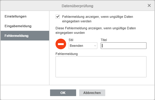 Datenueberpruefung - Fehlermeldung Einstellungen