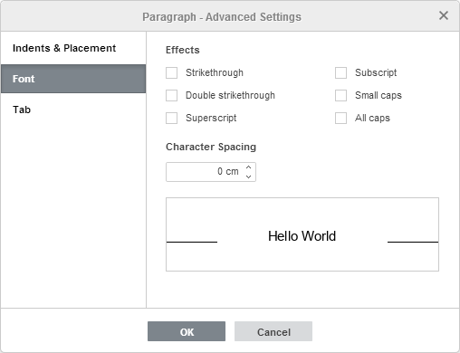 Paragraph Properties - Font tab