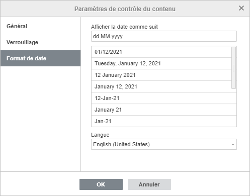 Le fenêtre Paramètres de date