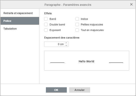 Paramètres du paragraphe - l'onglet Police