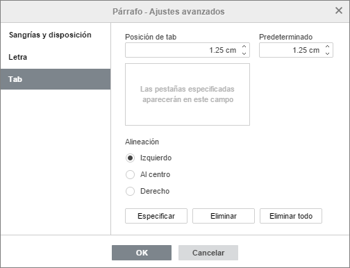 Propiedades de párrafo - pestaña Tab