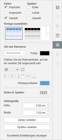 Registerkarte Tabelleneinstellungen