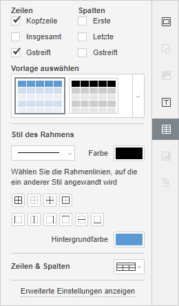 Registerkarte Tabelleneinstellungen