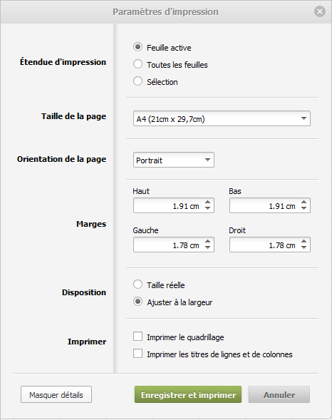 fenêtre Paramètres d'impression