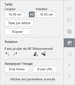 Fenêtre Paramètres de l'image du panneau latéral droit