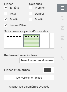 Onglet Paramètres du tableau