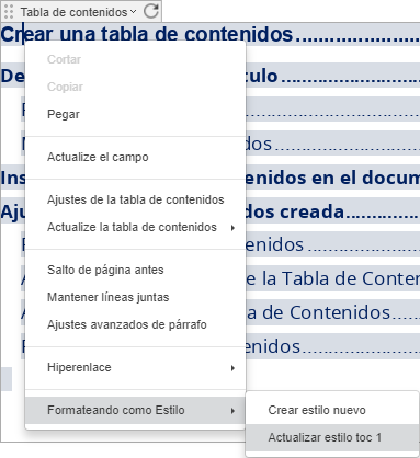 Ajustar el estilo de la Tabla de Contenidos