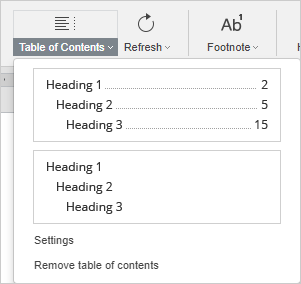 Options de la table des matières