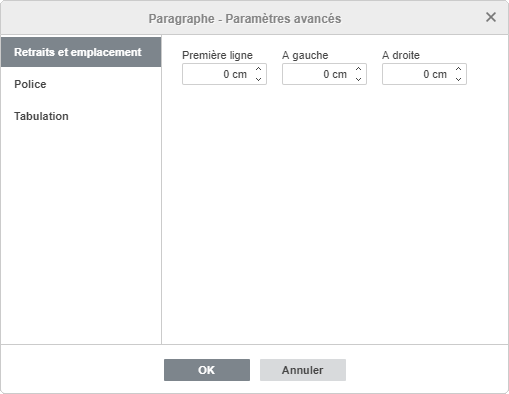 Paramètres du paragraphe - onglet Retrait et placement