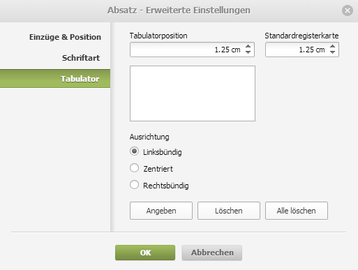 Eigenschaften des Absatzes - Registerkarte Tabulator