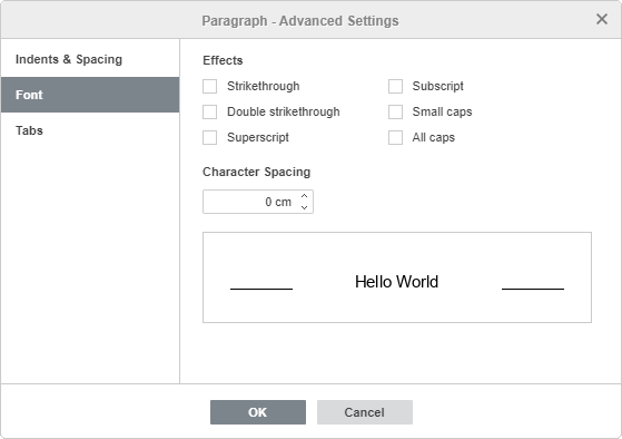 Paragraph Properties - Font tab