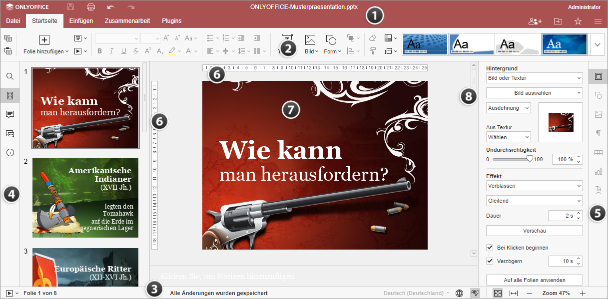 Benutzeroberfläche des Online-Präsentationseditors