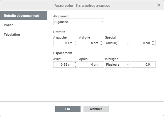 Paramètres du paragraphe - Retraits et espacement