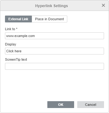 Hyperlink Settings window