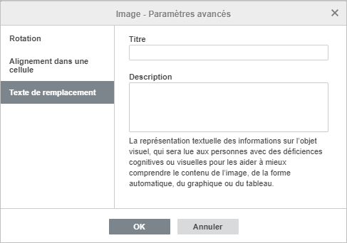 La fenêtre Image - Paramètres avancés L'onglet Texte de remplacement
