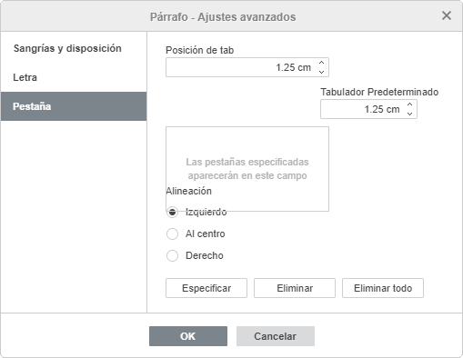 Propiedades de párrafo - Pestaña Tab