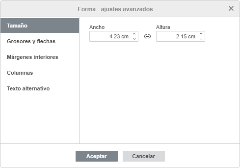 Propiedades de forma - pestaña de Tamaño