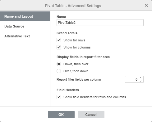 Pivot table advanced settings