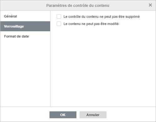 Fenêtre des Paramètres de contrôle du contenu - Verrouillage