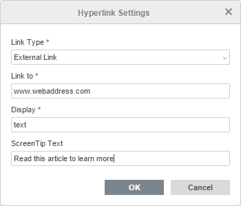 Hyperlink Settings window