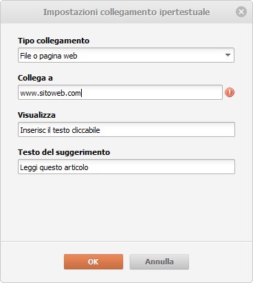 Finestra Aggiungi collegamento ipertestuale