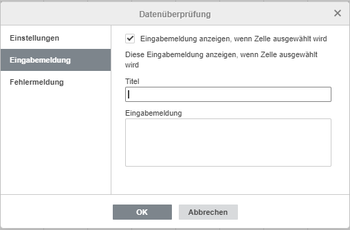 Datenueberpruefung - Eingabemeldung Einstellungen