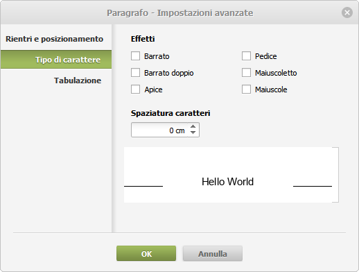 Impostazioni del paragrafo - Tipo di carattere
