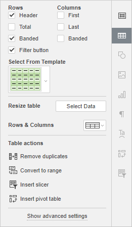 Table settings tab