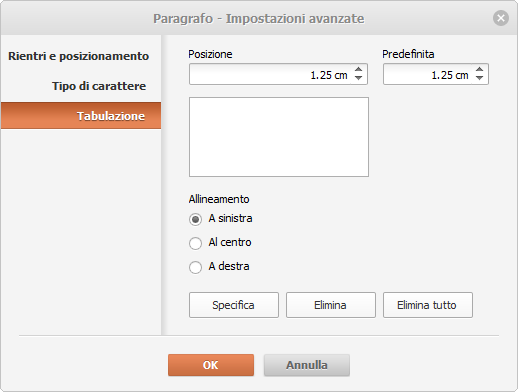 Impostazioni paragrafo - Tabulazione