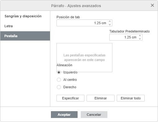 Propiedades de párrafo - Pestaña Tab