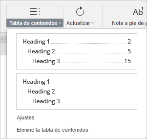 Opciones de tabla de contenidos