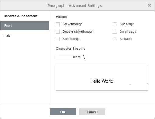 Paragraph Properties - Font tab