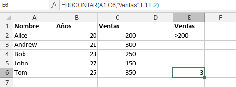 Función BDCONTAR