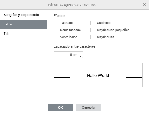Propiedades de párrafo - pestaña de letra