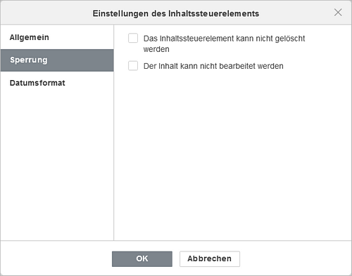 Content Control settings window - Locking