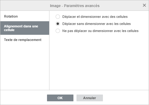 La fenêtre Image - Paramètres avancés Alignement dans une cellule