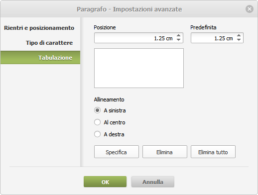Impostazioni del paragrafo - Tabulazione