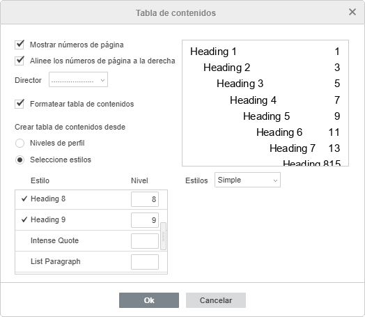 Ventana de Ajustes de la Tabla de Contenidos